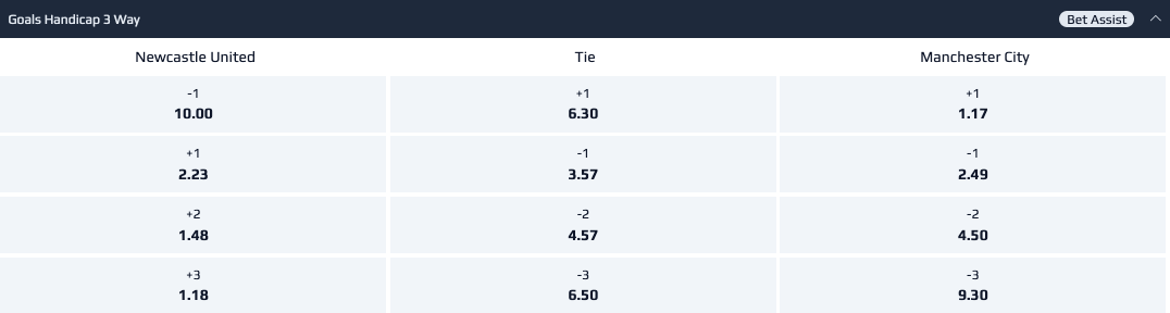 Netbet Newcastle v Manchester City European Handicaps screenshot